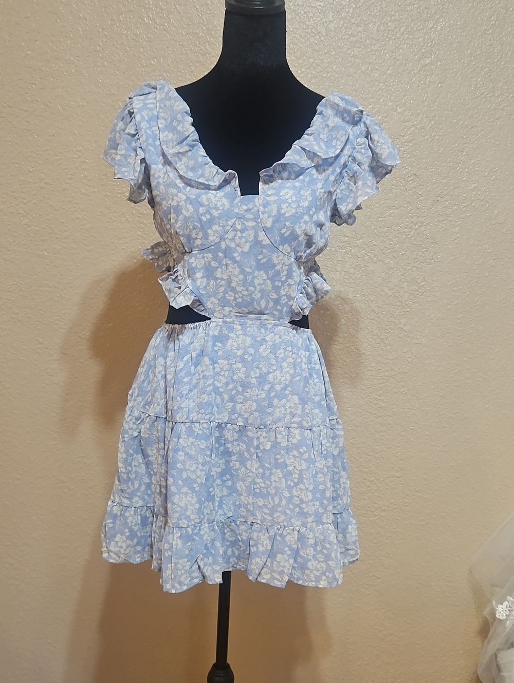 Light Blue Floral Ruffle Mini Dress with Side Cutouts